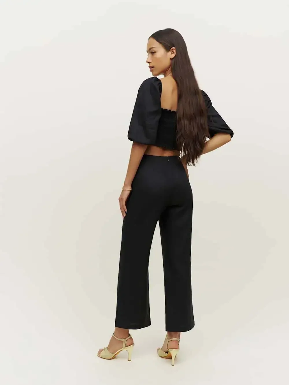 Reformation Scarlett Linen Smocked Puff Sleeve Crop Top Black Size 12